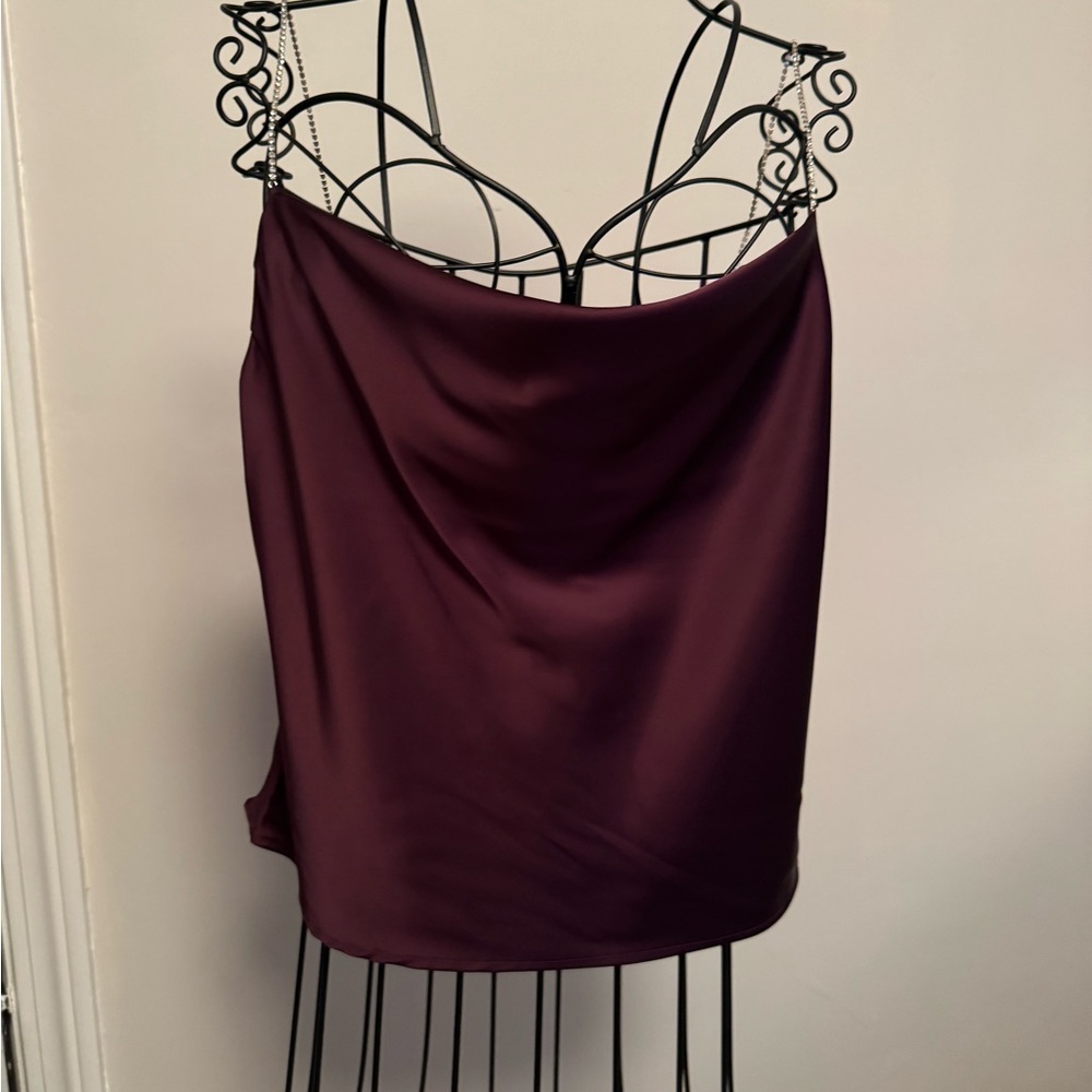 NWT Plum Satin Cami Top Rhinestone Spaghetti Straps